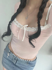 Y2K Balletcore Lace Trim Square Collar Tee Crop Top