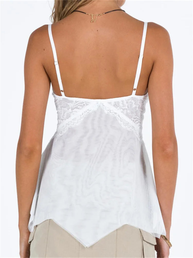 Y2K Retro Lace Sleeveless Strap for Women 2024 V-neck Mesh See Through Patchwork Irregular Hem Vests Crop Top