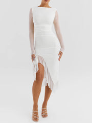 Ruffle Mesh Backless Midi Dress