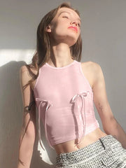 Pink Bow Sleeveless Crop Sheer Top