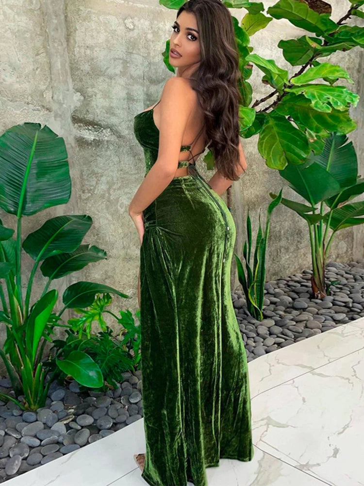 Green Velvet Strap Side Slit Backless Slip Dress Secondary image