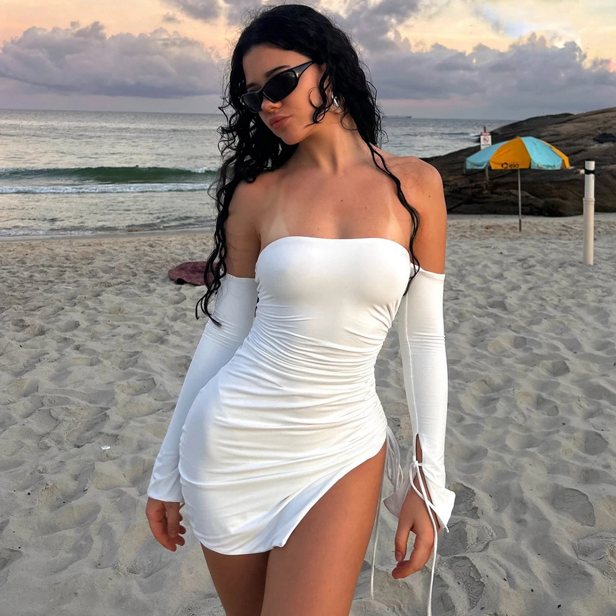 Lace Up Shirring Slit Mini Party Dress Main image