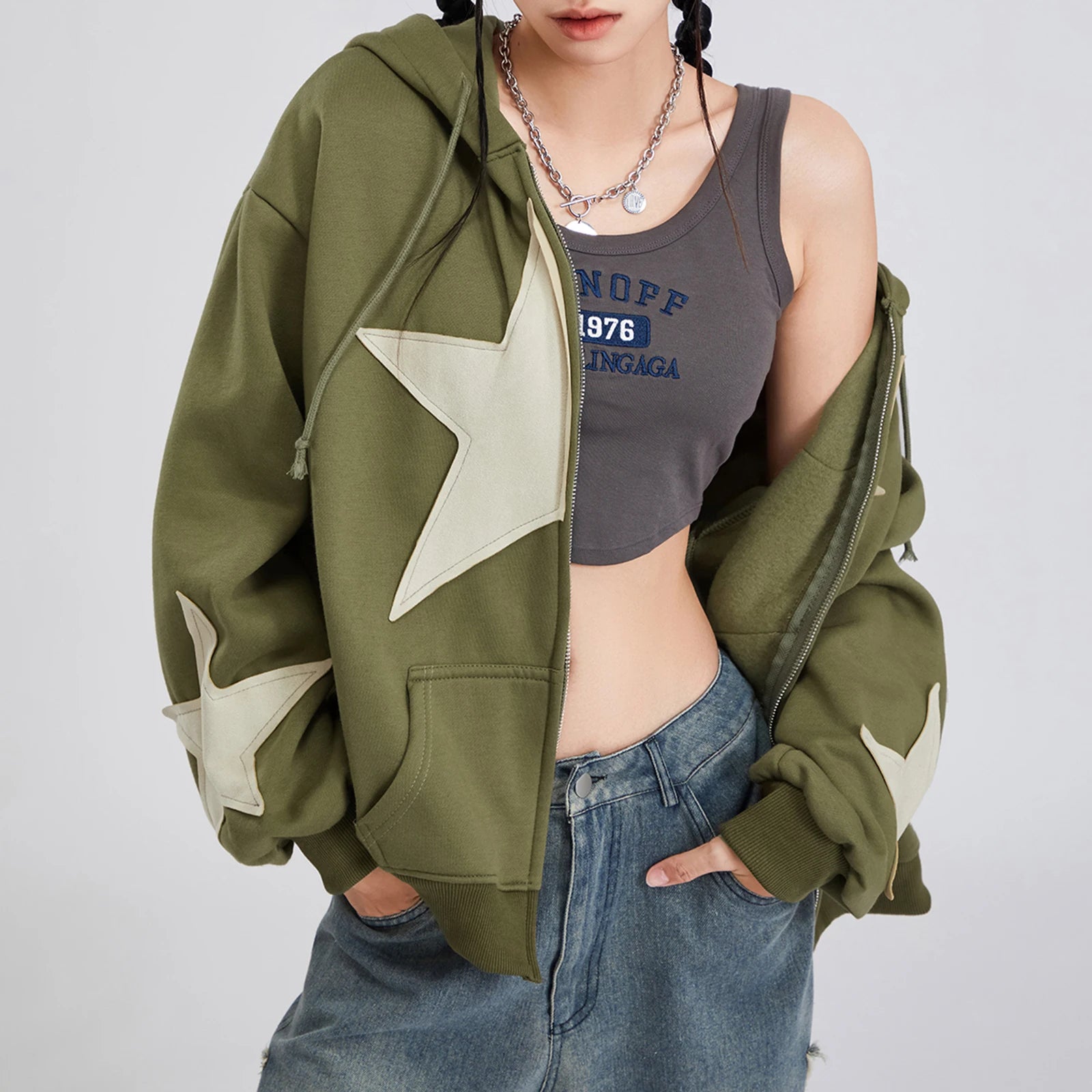 Star Print Drawstring Hoodie Main image