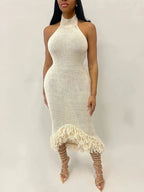 Tassel Hem Backless Knitted Party Dress