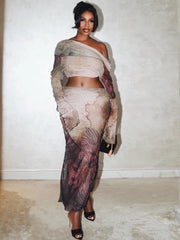 Aesthetic Print Drawstring Maxi Two Piece Skirt Set