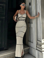Striped Knit Backless V Neck Summer Dress