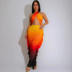 Gradient Halter Crop Top Ruffles Three Piece Swim Sets