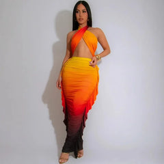 Gradient Halter Crop Top Ruffles Three Piece Swim Sets