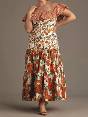 Slash Neck Ruffle Cocktail Floral Dress