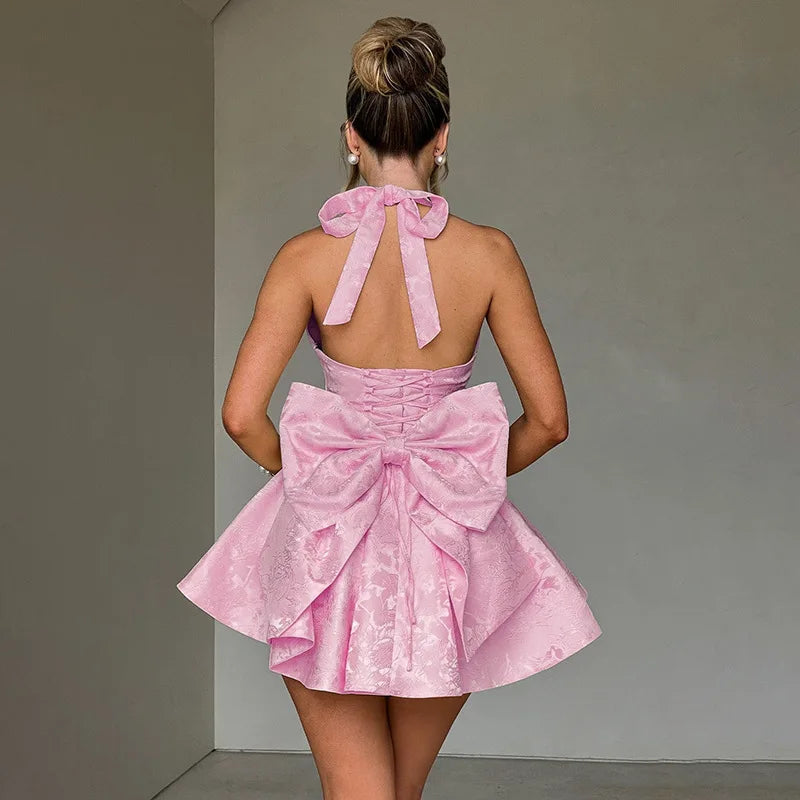 Jacquard Bow Backless Pink Party Dress Secondary image