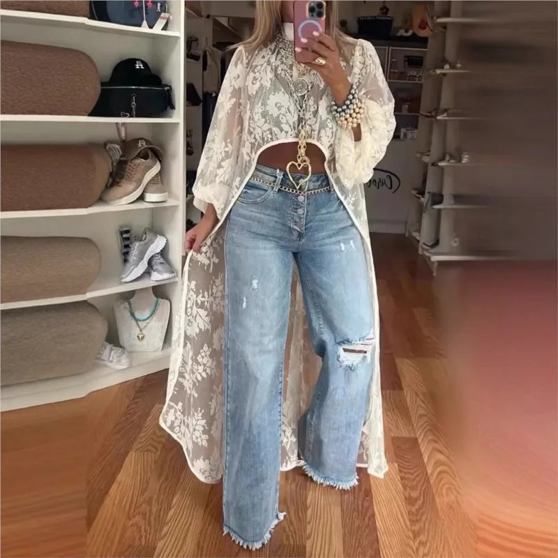 Lace Floral High Neck Puff Sleeve Blouse Main image