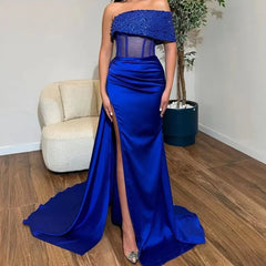 Blue Satin A-Line Prom Dress