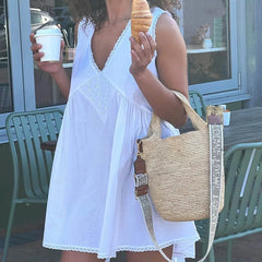 Lace Trim V Neck Flowy A-Line Mini Dress