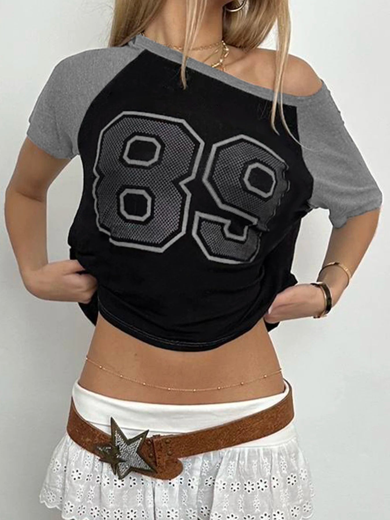 Retro Football Jersey Patchwork Crop Top Main image