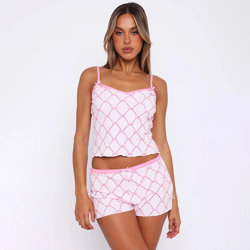 Contrast Printed Bow Crop Tank Top Two Piece Shorts Set Main image