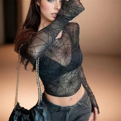 Spider Mesh Yarn Long Sleeve Sheer Top
