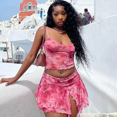 Pink Mesh Sheer Ruffle Mini Two Piece Skirt Set