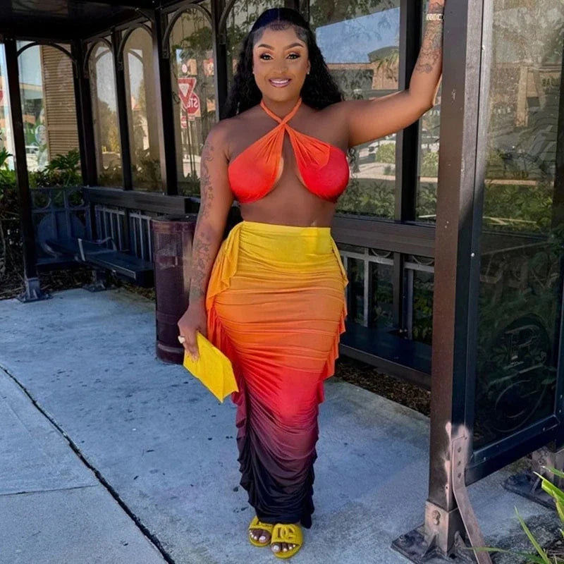 Gradient Halter Crop Top Ruffles Three Piece Swim Sets Main image