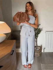 Sleeveless Lace Up Wide Leg Two Piece Pants Set