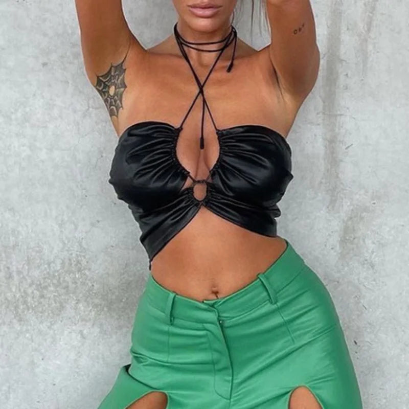 Drawstring PU Leather Halter Strapless Main image