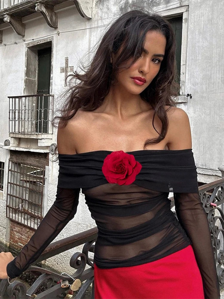 Aesthetic Flower Long Sleeve Sheer Top Secondary image