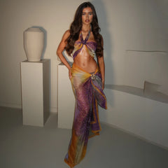 Purple Printed Halter Push Up Sexy Three Piece Swim Sets