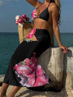 Flowers Skirt Halter Bather  Three Piece Swim Sets
