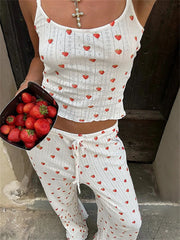 Strawberry Print Pajama Two Piece Pants Set