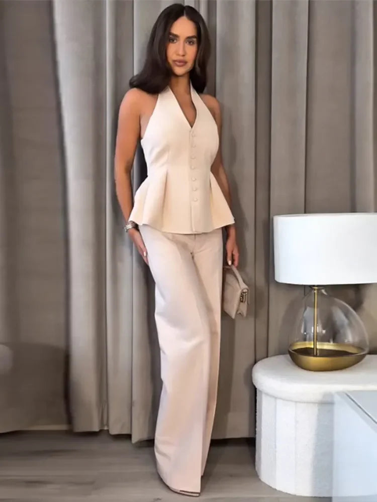 Halter V-Neck Straight Pant Suit Main image