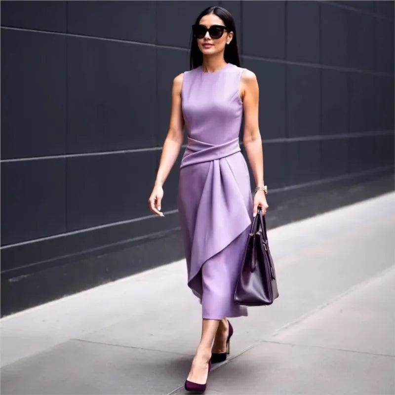 Solid Waisted Sleeveless Asymmetrical Long Work Dress Secondary image