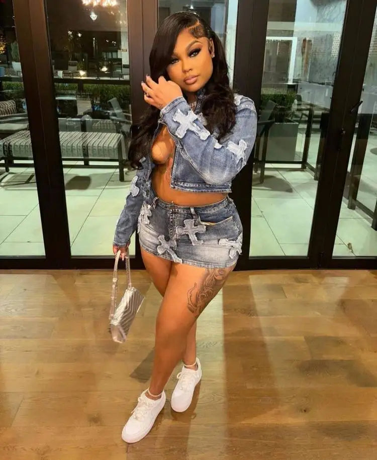Denim Mini Cargo Elegant Jeans Club Two Piece Skirt Set Main image