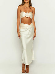 3D Flowers Ruched Satin Bandeau Two Piece Skirt Set