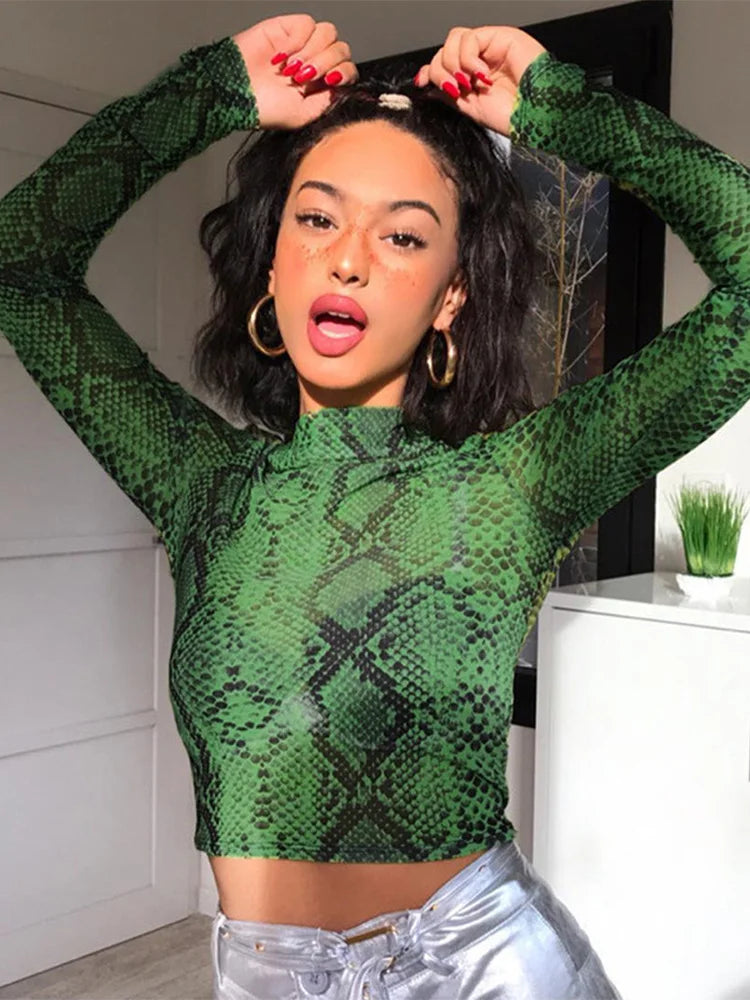 Casual Green Snake Print Mesh Sheer Top Main image