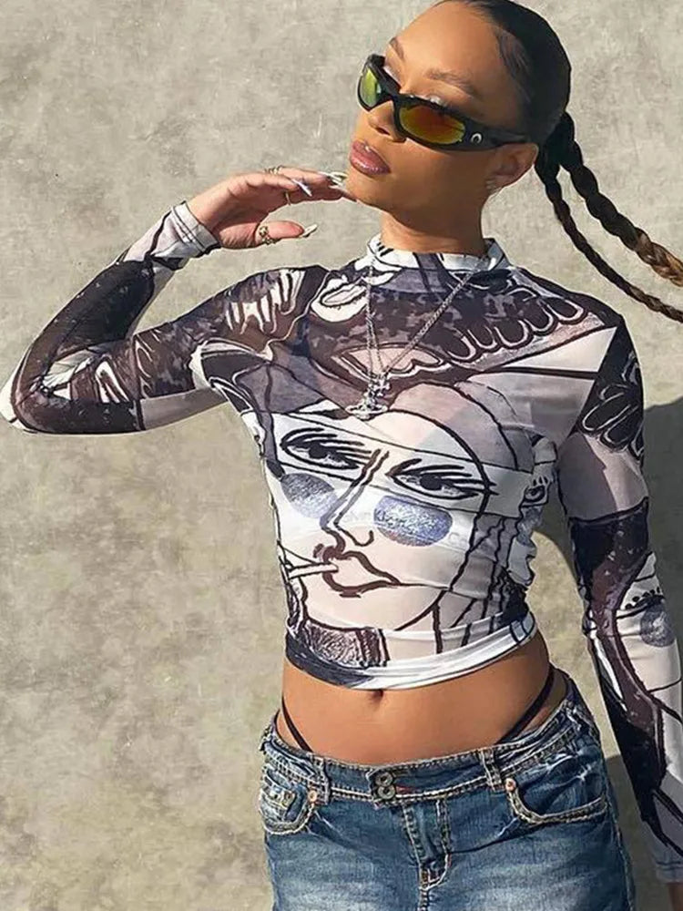 Graphic Print Mesh Long Sleeve Sheer Top Main image