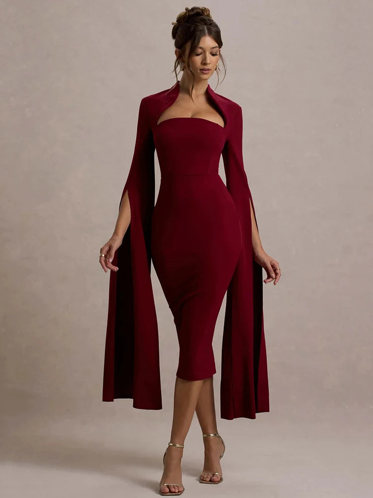 Cape Long Sleeve Back Slit Midi Dress Main image