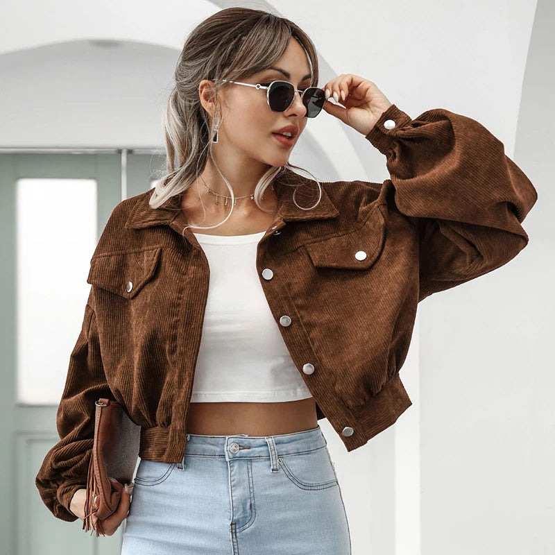 Cropped Corduroy Lantern Sleeve Jacket