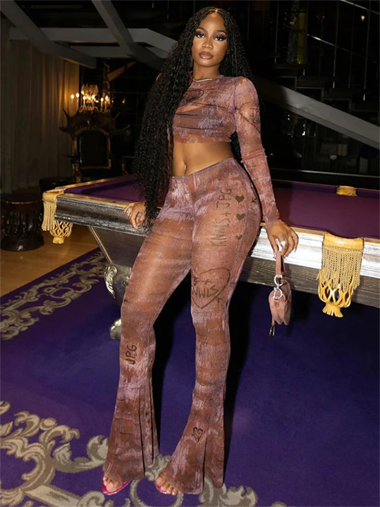 Print Mesh Flared Two Piece Pants Set Secondary image