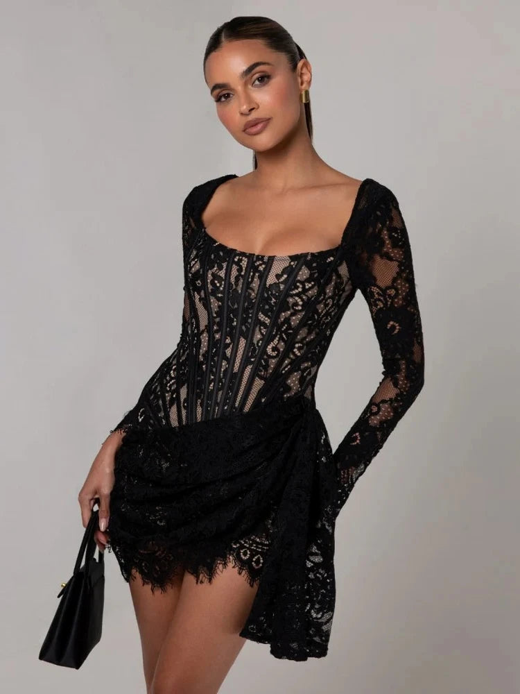 Corset Draped Square Collar Ruched Lace Dress Secondary image