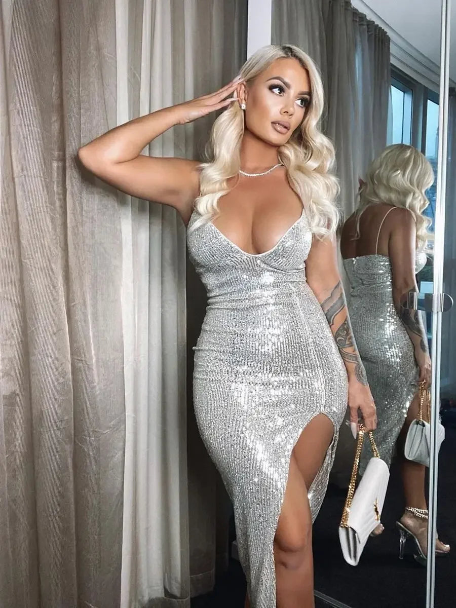 Sequin Deep V Split Bodycon Midi Dress