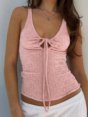 Red Lace-Up Cut-Out V-Neck Backless Cami Top