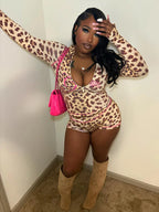 Leopard Zip Biker Shorts Knit Set
