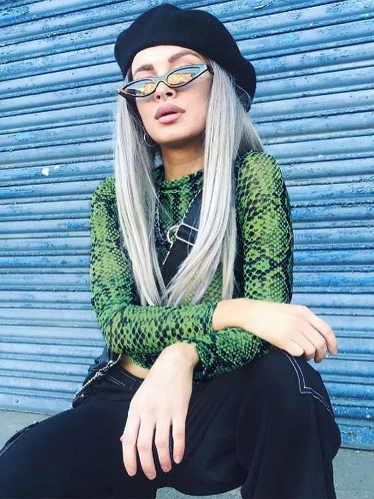 Casual Green Snake Print Mesh Sheer Top Secondary image