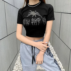 Spider Rhinestone Slim Fit Crop Top