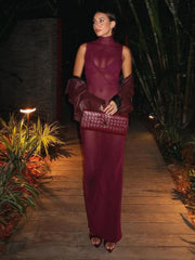 Sheer Stand Collar Straight Midi Dress