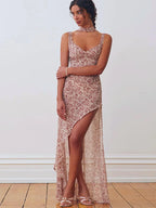 Chiffon Lace Up Slit Floral Dress