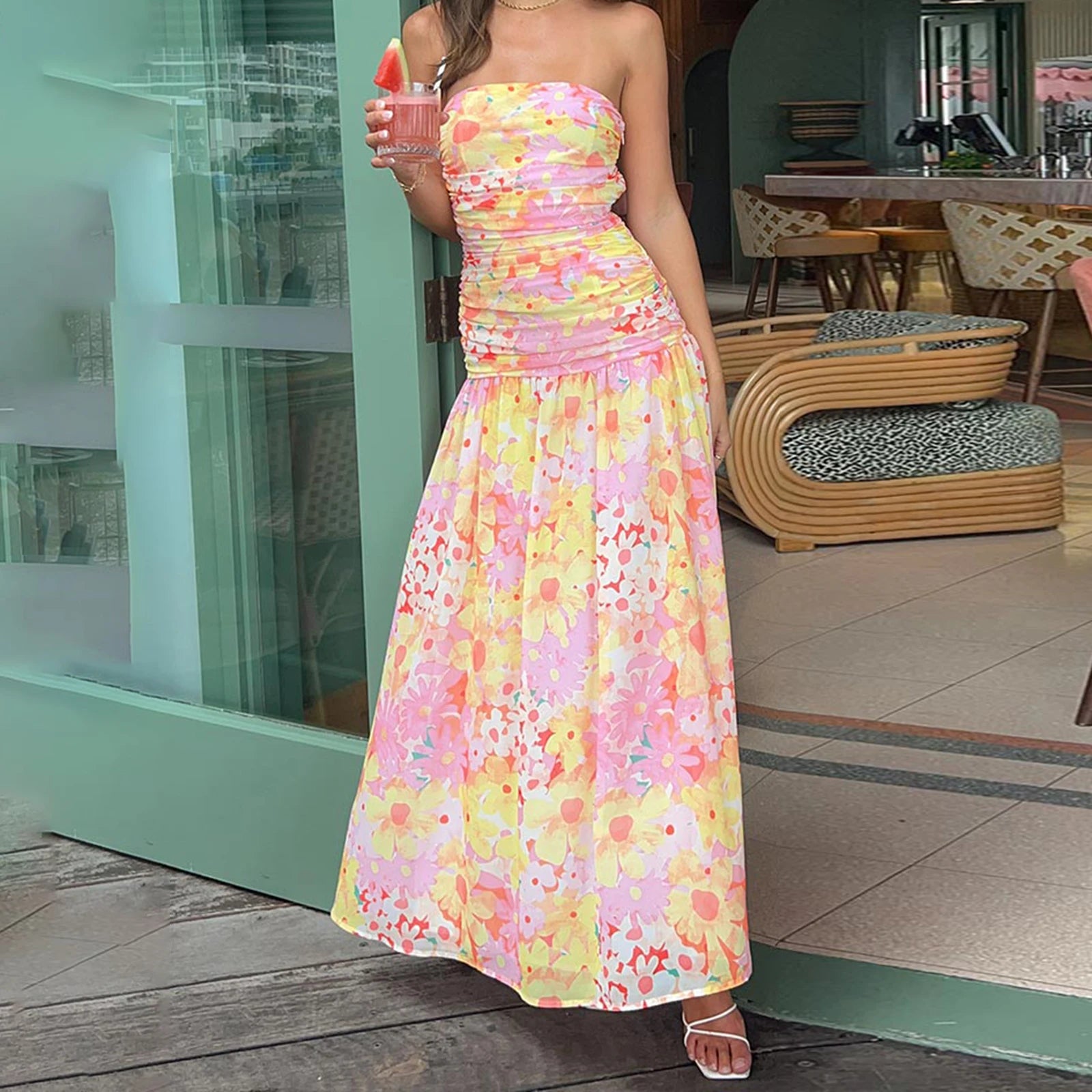 Strapless Pleated A-Line Floral Dress Main image