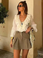 Fashion Solid V-neck Lantern Long Sleeve Blouse