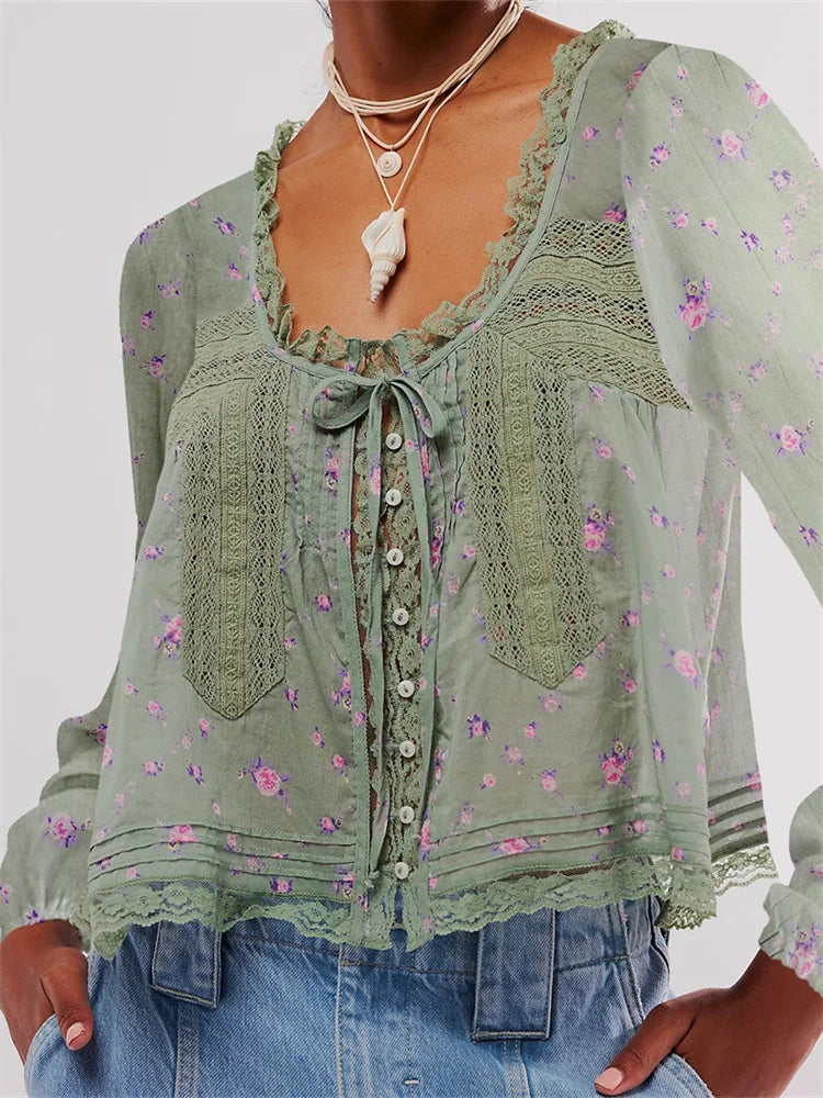 Women Long Sleeve Loose Casual Lace Patchwork Blouse Main image