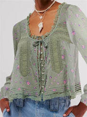 Women Long Sleeve Loose Casual Lace Patchwork Blouse
