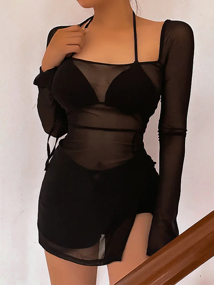 Square Neck Gauze Sheer Club Mini Dress